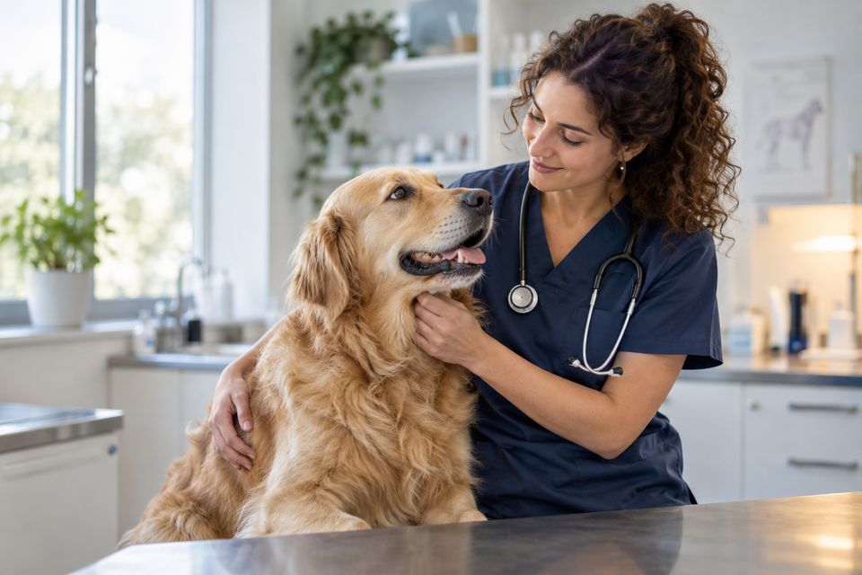 A veterinarian with a golden retriever in a bright clinic